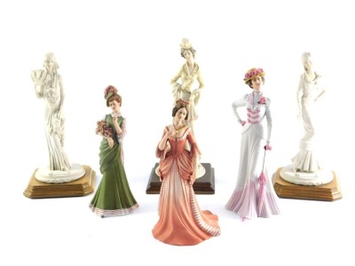 A group of ceramic figures, to include a Capo di Monte Iba, two After Belcari, Capo di Monte limited edition figure of a a lady with coat, and another Capo di Monte figure in peach. (6)