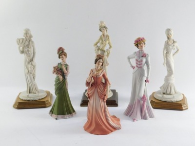 A group of ceramic figures, to include a Capo di Monte Iba, two After Belcari, Capo di Monte limited edition figure of a a lady with coat, and another Capo di Monte figure in peach. (6) - 6