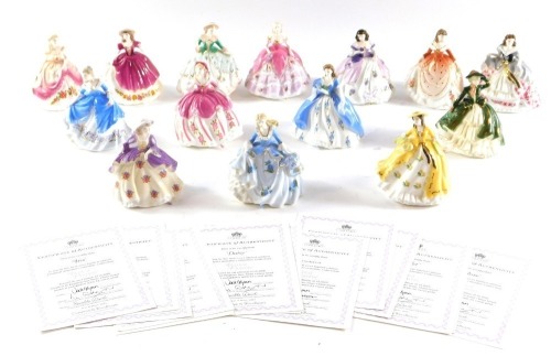 A group of Coalport Fairest Flowers collectors figures, comprising Lily, Poppy, Violet, Fuchsia, Daisy, Hyacinth, Iris, Petunia, Rose, May, Pansy, Veronica, Primrose and Holly, some with certificates, each approximately 10cm high. (14)