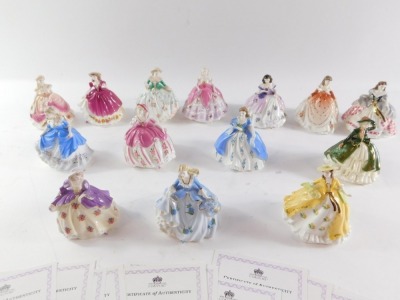 A group of Coalport Fairest Flowers collectors figures, comprising Lily, Poppy, Violet, Fuchsia, Daisy, Hyacinth, Iris, Petunia, Rose, May, Pansy, Veronica, Primrose and Holly, some with certificates, each approximately 10cm high. (14) - 2