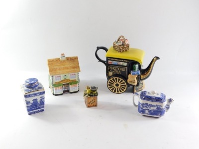 A group of Rington's Tea teapots, comprising a Rington's Tea and Coffee Bean tea merchant teapot, with gold signature P. Cardew, limited edition no. 3375/7500, 29cm high, a blue and white Maling Rington's Tea canister dated 1991, 14cm high, a Newcastle Up - 3