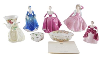 A group of collectors china, comprising Coalport figures, Cathy Taking The Air, Joanne Springtime and Chloe, together with a Fenton China Old Country Roses Style vase, a Wedgwood Wild Strawberries pin dish and a Coalport Garden of The Rose trinket dish.