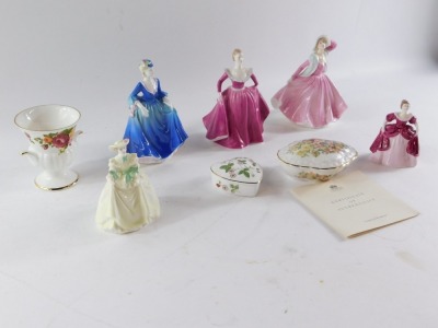 A group of collectors china, comprising Coalport figures, Cathy Taking The Air, Joanne Springtime and Chloe, together with a Fenton China Old Country Roses Style vase, a Wedgwood Wild Strawberries pin dish and a Coalport Garden of The Rose trinket dish. - 2