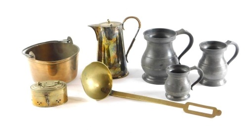 19thC and later copper, brass and pewter wares, comprising a graduated set of three pewter tankards, a brass jam pan, a copper and brass serving ladle, a EPNS 1½ pint coffee pot and a hand warmer.