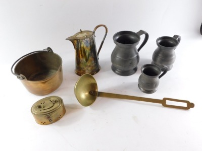 19thC and later copper, brass and pewter wares, comprising a graduated set of three pewter tankards, a brass jam pan, a copper and brass serving ladle, a EPNS 1½ pint coffee pot and a hand warmer. - 2