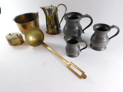 19thC and later copper, brass and pewter wares, comprising a graduated set of three pewter tankards, a brass jam pan, a copper and brass serving ladle, a EPNS 1½ pint coffee pot and a hand warmer. - 3