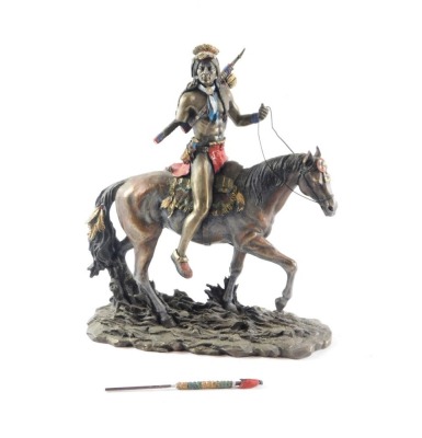 A Indian Chief warrior figure, modelled seated on horseback, 31cm high, 30cm wide. (AF)