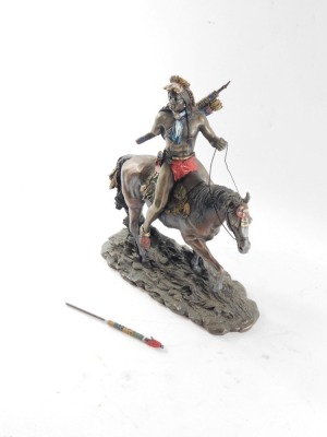 A Indian Chief warrior figure, modelled seated on horseback, 31cm high, 30cm wide. (AF) - 2