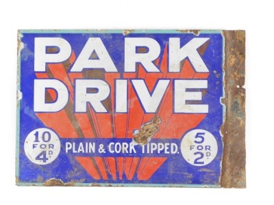 A Park Drive cigarettes double sided enamel sign, plain and cork tip, 10 for 4d, 5 for 2d, 30cm x 44cm. (AF)