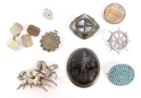 A group of silver and other costume jewellery, a turquoise set oval bar brooch stamped 935, 3cm wide, a silver and agate set brooch, 3.5cm wide, a mother of pearl circular brooch with white metal outer border stamped silver, 2.5cm wide, figure group of ga