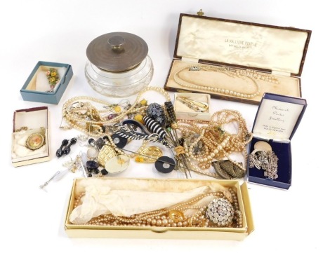A group of costume jewellery, plated hoop earrings, faux pearl necklaces, silver and other drop earrings, collection of hat pins, cut glass and silver plated top dressing table jar, etc. (a quantity)