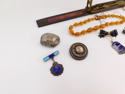 A small group of jewellery, silver and effects, a set of half guinea postage scales in fitted case, a single rose gold part chain, a Deutsch 5 mark single earring, a Victorian silver brooch, enamel pins, silver scent bottle top, imitation amber beads, etc - 2