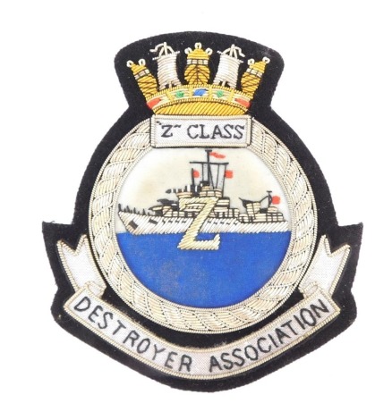 A Destroyer Association Z Class embroidered badge, 11cm high.