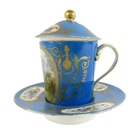 A Sevres 19thC porcelain chocolate cup, saucer and cover, the cup reserve painted with fete gallant figures, saucer and lid with reserves of flowers, against a bleu celeste ground, painted marks, , 16cm high, the saucer 17cm wide. (AF)