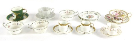 A group of various cups and saucers, to include a Dresden 19thC ceramic and gilt tulip cup and saucer, three Jackson & Goslyn floral cups and saucers, a Sevres green ground porcelain coffee can and saucer, with floral panel picked out in gilt, 7cm high, a