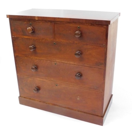 A Victorian flame mahogany chest of drawers, with two short over three long graduated drawers, raised on a plinth base, 107cm high, 104cm wide, 48cm deep.