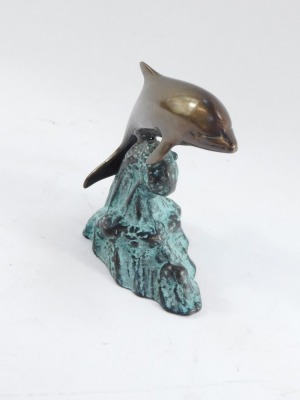 A bronze figure of a dolphin riding the crest of a wave, with blue patinated finish, 16cm high. - 3