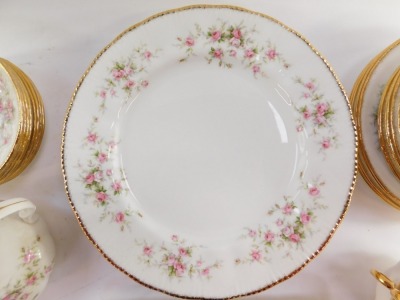 A Paragon china Victoriana Rose pattern part dinner tea and coffee service, comprising sauce boat on stand, salad bowl, eight dinner, five dessert and six side plates, seven soup cups and eight saucers, coffee pot, tea pot, cream jug, sugar bowl, pair of - 2