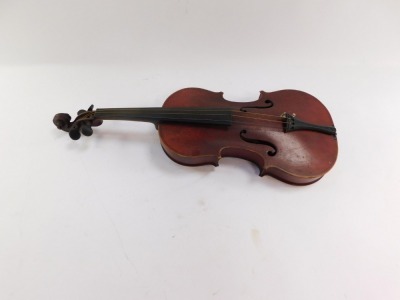 A French two piece back violin, bearing label MI-FIN (medio-fino), in fitted coffin case, the violin 60cm long. - 2