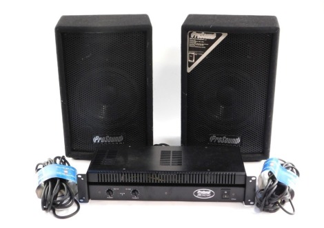 A pair of Prosound PS08 speakers, serial numbers LE 096762/096768, Prosound microphone and sound deck.