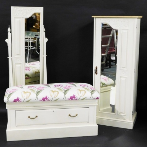 A group of white painted furniture formed by up-cycling a Victorian wardrobe, now comprising a painted pine coat cupboard, with pine shelf top, over a painted and panelled mirrored door, with carved detailing, on plinth base, 155cm high, 62cm wide, 47cm d