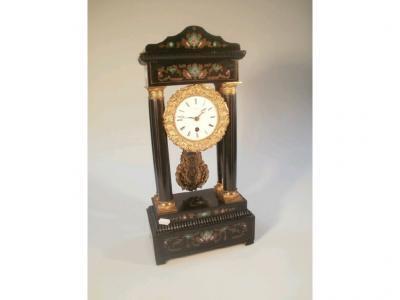 A 19thC French ebonised portico clock with brass and agate inlays in the Boulle manner