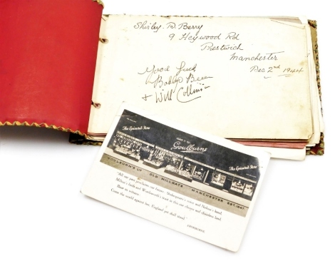 An autograph book bearing various signatures of Manchester United FA cup winners, to include Jack Crompton, Allenby Chilton, Henry Cockburn, Stan Pearson, players from the Manchester City 1947-48 season squad, Andy Black, Roy Clarke, Joe Fagan, Kimmy Munr