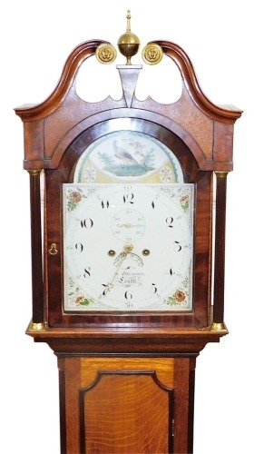 George Atkinson, Louth. A 19thC oak and mahogany longcase clock, the arched dial painted with a pheasant in woodland landscape with floral spandrels, the circular dial bearing Arabic numerals, subsidiary seconds dial and date aperture, with an eight day f