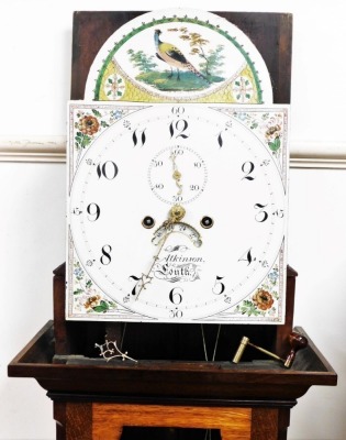 George Atkinson, Louth. A 19thC oak and mahogany longcase clock, the arched dial painted with a pheasant in woodland landscape with floral spandrels, the circular dial bearing Arabic numerals, subsidiary seconds dial and date aperture, with an eight day f - 3