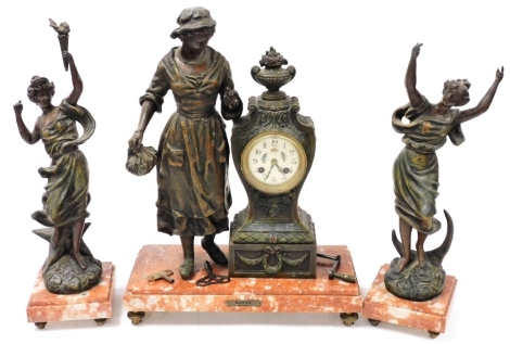 A French late 19thC spelter and marble clock garniture, by Martie et Cie, the circular cream enamel dial painted with floral garlands, bearing Arabic numerals, eight day movement with bell strike, the case of vase and urn form, cast with laurel wreaths, f