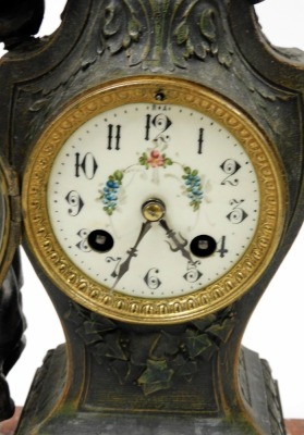 A French late 19thC spelter and marble clock garniture, by Martie et Cie, the circular cream enamel dial painted with floral garlands, bearing Arabic numerals, eight day movement with bell strike, the case of vase and urn form, cast with laurel wreaths, f - 2