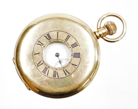 A gentleman's 9ct gold half hunter cased pocket watch, for Walthams, USA, keyless wind, with a white enamel dial bearing Roman numerals and subsidiary seconds dial, internal dust cover presentation engraved, American Watch Company, Waltham Mass, Bond Stre