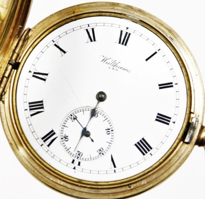 A gentleman's 9ct gold half hunter cased pocket watch, for Walthams, USA, keyless wind, with a white enamel dial bearing Roman numerals and subsidiary seconds dial, internal dust cover presentation engraved, American Watch Company, Waltham Mass, Bond Stre - 2