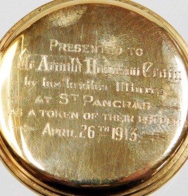 A gentleman's 9ct gold half hunter cased pocket watch, for Walthams, USA, keyless wind, with a white enamel dial bearing Roman numerals and subsidiary seconds dial, internal dust cover presentation engraved, American Watch Company, Waltham Mass, Bond Stre - 3