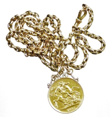 A Queen Victoria 1893 gold double sovereign, pendant mounted, on a four strand belcher chain with lobster claw clasp, stamped 9ct, 47.6g.
