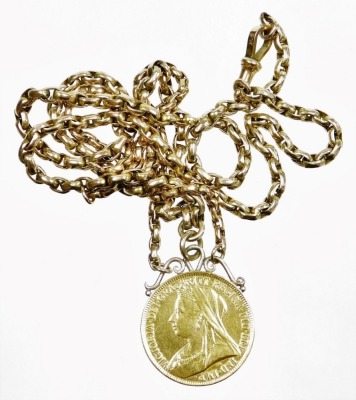 A Queen Victoria 1893 gold double sovereign, pendant mounted, on a four strand belcher chain with lobster claw clasp, stamped 9ct, 47.6g. - 2