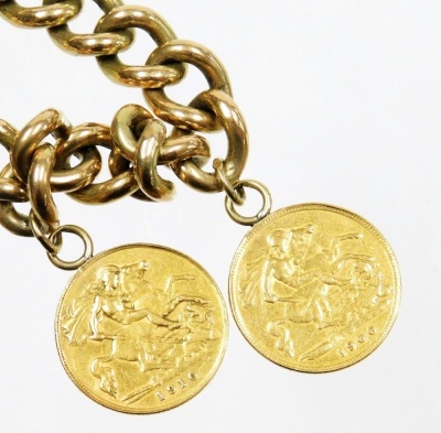 A 9ct gold curb link charm bracelet, with two charms and two half sovereigns, Queen Victoria 1900 and Edward VII 1910, on a hearth shaped padlock clasp, with safety chain as fitted, 58.7g all in. - 2