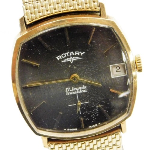 A Rotary gentleman's Incabloc late 20thC wristwatch, the square brass dial with gold batons, centre seconds, date aperture, plated elasticated strap, boxed.