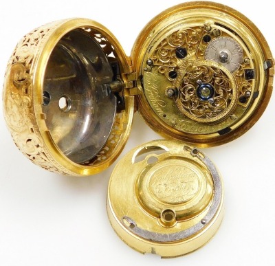 An early 18thC and later gold pair cased pocket watch, the movement engraved George Graham, and numbered 575, with hour and quarter strike repeater, diamond and stone cylinder escapement, later hands and engraved dial bearing Roman numerals, case with fol - 4