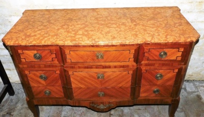 An early 20thC French kingwood break front commode, with a rectangular variegated red marble top above three long drawers each with gilt metal mounts and handles, on shaped legs with sabot feet, 87cm high, 126cm wide, 51cm deep. - 2