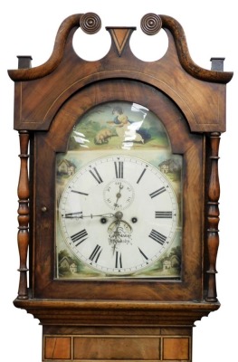 George Stamp, Grimsby. An early 19thC longcase clock, the arched dial painted with a shepherdess and sheep, cottages, dial bearing Roman numerals, subsidiary seconds dial, date aperture, eight day four pillar two train movement with bell strike, in oak ma