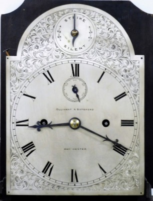 Ollivant and Botsford, Manchester. A grandmother clock, the silvered dial with blackened Roman numerals and engraved borders, with a four pillar movement in a mahogany case with swan neck pediment, blind fret frieze and a figured arched door on splayed fe - 3