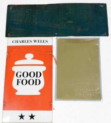 Three 20thC signs, comprising Rock-ola 200, 43cm x 29cm, Charles Wells Good Food, 56cm x 30cm, and Call For Phillip Morris Cigarette sign, 26cm x 70cm. etc. (AF, 3) Auctioneer Announce: Charles Wells enamel sign, two remaining are tin. - 2