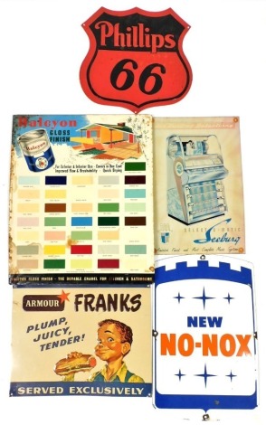 A group of tin and enamel signs, to include a Phillips 66 shield shaped road sign, 34cm x 34cm, No-Nox, 45cm x 29cm, Halcyon gloss finish paint colour chart, 49cm x 40cm, etc. (a quantity) Auctioneer Announce: tin and enamel signs.