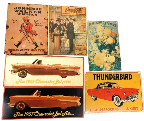 A group of enamel and tin advertising signs, for Coca-Cola, 40cm x 30cm, Johnnie Walker Whisky, 40cm x 30cm, 1957 Chevrolet Bel Air, 22cm x 55cm, etc. (a quantity) Auctioneer Announce: tin and enamel signs.