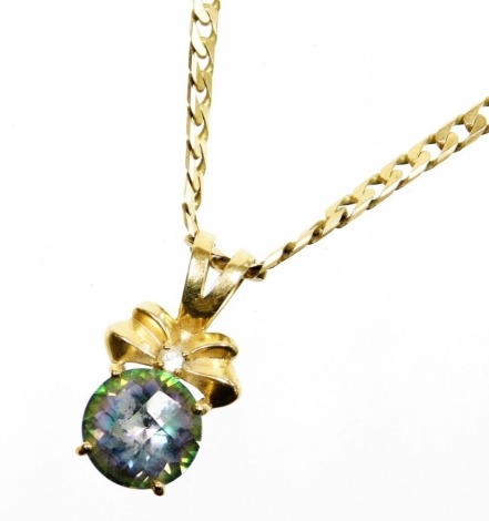 A pendant and chain, the mystic and white topaz 9ct gold pendant with makers stamp DK, formed as a bow with tiny diamond set and topaz drop, 3cm high, on a heavy curb link 9ct gold chain, 48cm long, the pendant with a Gems TV certificate, 24.7g all in.