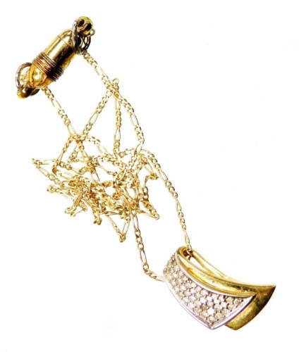 A diamond set pendant and chain, the bicolour wave design pendant set with pave set tiny diamonds, yellow metal stamped 750, on a fancy link chain, yellow metal stamped 375, 44cm long, with a magnetic replacement clasp, 8.2g all in.