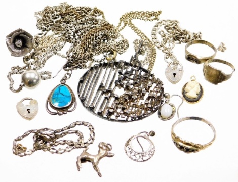 A group of silver and other jewellery, comprising a 9ct gold on silver dress ring, an abstract silver necklace, various chains and pendants, earrings, and earring backs, 65.2g all in.
