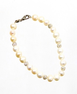 A cultured pearl bracelet, of graduated design with sparkle set bead breakers, on a string strand, with white metal clip clasp, stamped 925, 20cm long.