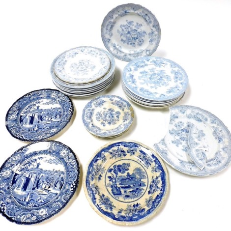 A group of early 19thC transfer printed blue and white pottery plates, including Asiatic Pheasant, Midwinter Landscape, and Chinese Marine plates. (a quantity, AF)